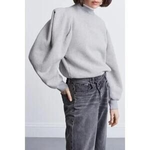 Agolde Women Folded Puff Sleeve Mock Neck Long Sleeve Cotton Sweatshirt Gray XS